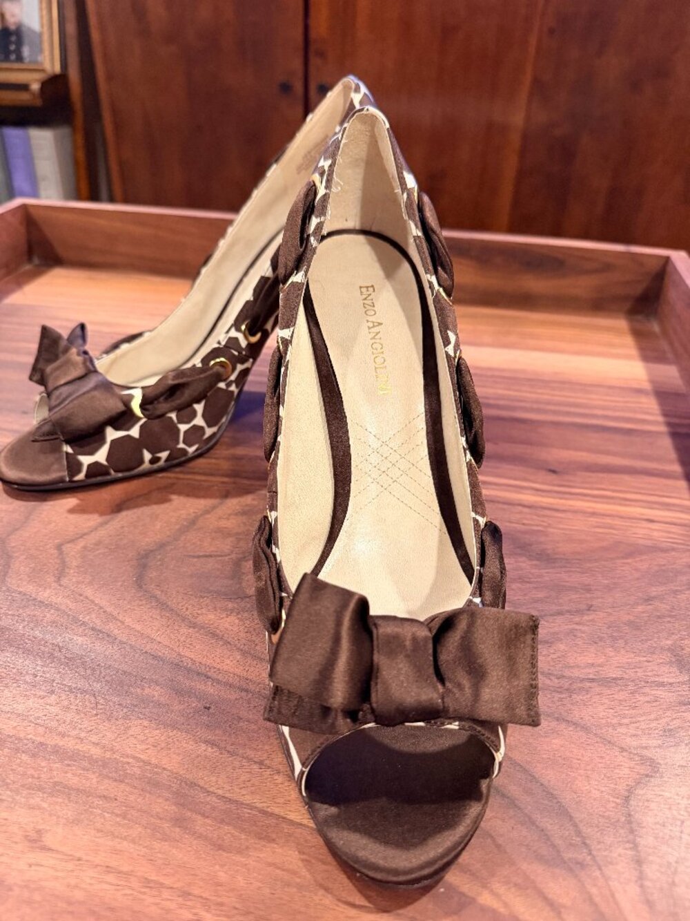 Enzo Angiolini Brown Patterned Peep-Toe Heels, Size 10M